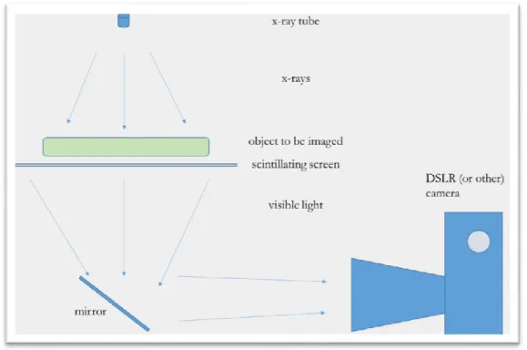 Figure  7:  Diagram  of  the  overall  x-ray  imaging  setup  with  the  x-ray  tube,  the  object  to  be  imaged, the scintillating screen, the mirror and the camera