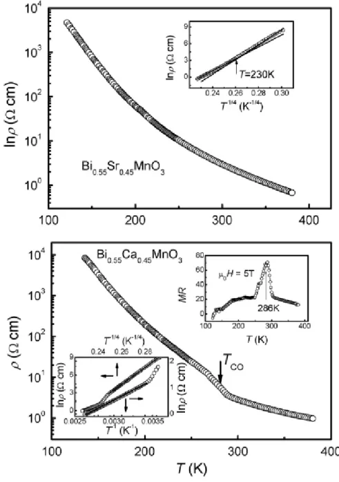 Figure II-3 : Résistivité en fonction de la température     des  composés  Bi 0.55 Sr 0.45 MnO 3     et  Bi 0.55 Ca 0.45 MnO 3 [98].