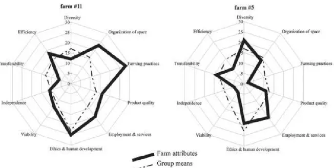 Figure 4. Graphic representation of results obtained with IDEA method. The radars group the ten evaluation criteria  and allow to visualize the performances of the farm with regards to each criteria, expressed by the point on the axis,  where  30  is  the 