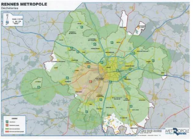 Figure 8 : Carte des zones d’influence de déchetterie par la méthode des rayons d’action (Source : service  SIG de Rennes Métropole) 
