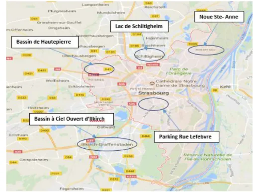 Figure 5: 5 Cas d'études de l’Eurométropole de Strasbourg   Source: F-Z.Bahy via Google Maps 
