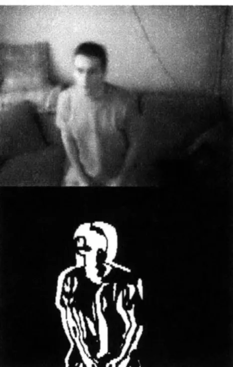 Figure  3-3:  Motion  Detection  Using  Frame  Differencing  and  Thresholding.  The  top image  is  a  raw  frame  of  video