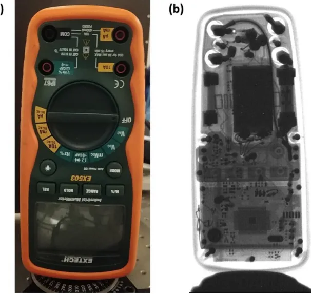 Figure 2-9: . (a) Optical and (b) 2D x-ray image of a multimeter taken using a 1000 x 1000 