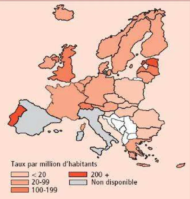 Figure n°6 : Taux de cas de séropositivité diagnostiqués en 2006 par  millions d'habitants en Europe 