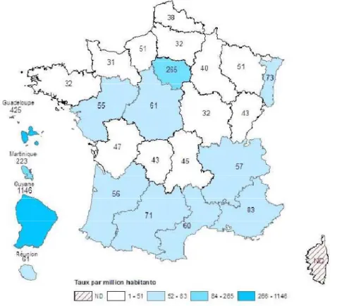 Figure n°7: Taux de cas de séropositivité diagnostiqués en France en 2008  (millions d'habitant) 