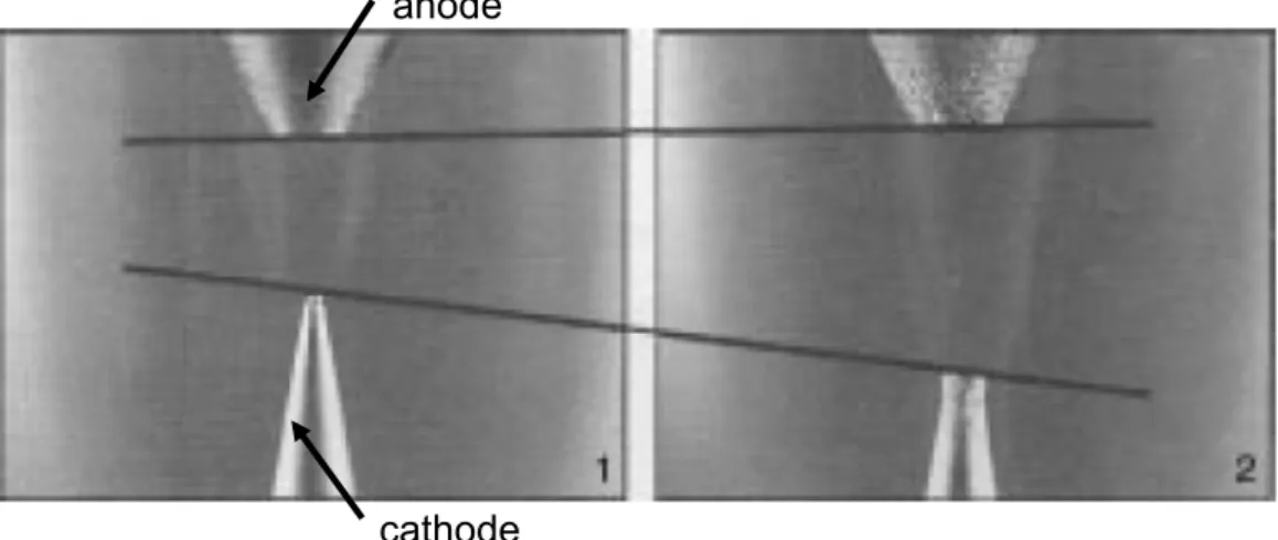 Figure 33 : détérioration des électrodes (Pelissier B et coll., 2003)                       anode                                                                                                                                      cathode       1 : après 5