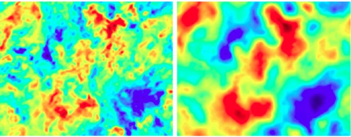 Figure 2.2 – Simulation de l’´ energie cin´ etique turbulente d’un mˆ eme ´ ecoulement turbulent sur un domaine de 10m par 10m par une DNS (` a gauche) et par une LES (` a droite).