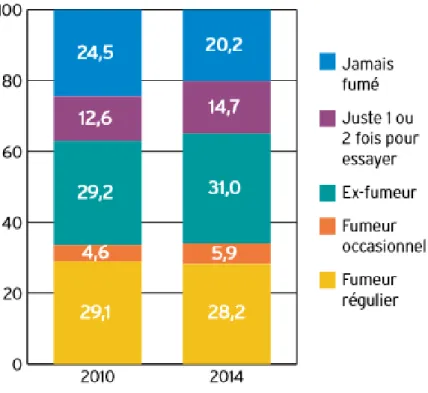 Figure 3 : Evolution du statut tabagique entre 2010 et 2014 (en %) (28) 