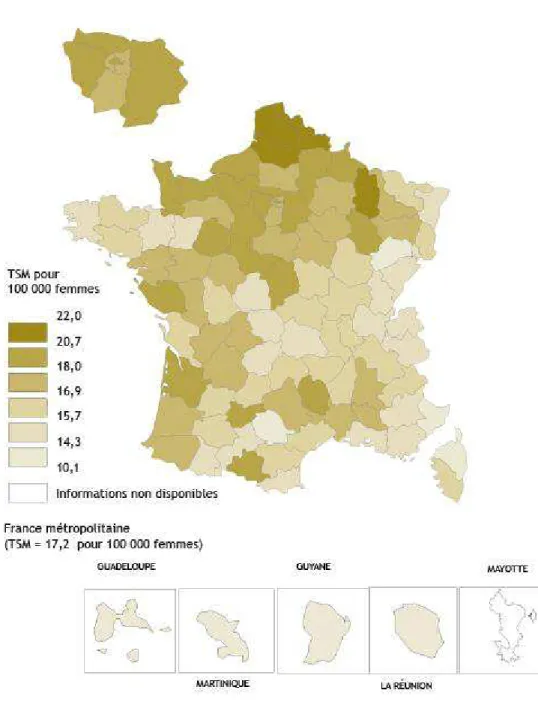 Illustration  3: Mortalité observée par cancer du sein chez la femme dans les  régions et départements français durant la période 2004-2008 
