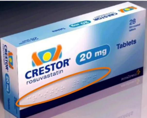 Figure 11 : Conditionnement extérieur du médicament CRESTOR ®  20 mg, comprimés muni  des mentions braille 