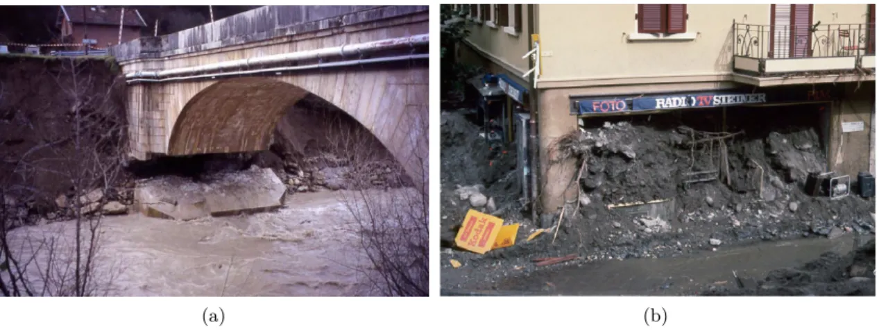 Figure 1: Consequences of sediment transport out of equilibrium. (a) Destabilization of the Pont des Chaînes after a flood event (2003, Die, France) due to the bed incision.