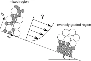 Figure 1.3: Segregation caused by shearing ˙ γ : binary granular mixture flowing down an inclined chute.