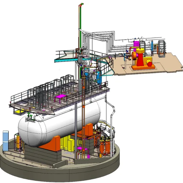 Figure 4. A rendering showing the MicroBooNE cryostat and cryogenic system, and the platform for the electronics racks as installed in LArTF.