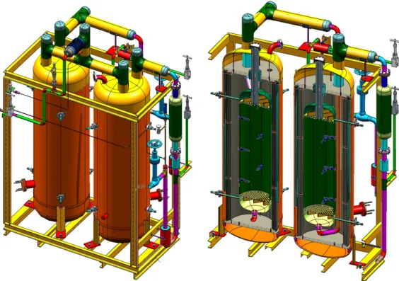 Figure 8. Three-dimensional rendering of a MicroBooNE filter skid. The left drawing shows the full skid, while the right drawing shows a cut-away of the vessels.