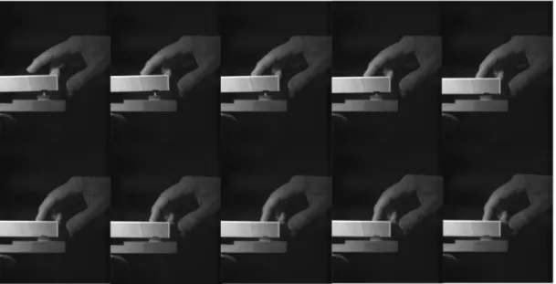 Figure 1 : Attaque de la note avec le toucher tiré, filmé en caméra rapide. Une touche modèle de piano est utilisée  pour la visualisation.