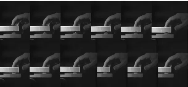 Figure 2 : Attaque de la note avec le toucher poussé, filmé en caméra rapide. Une touche modèle de piano est  utilisée pour la visualisation.