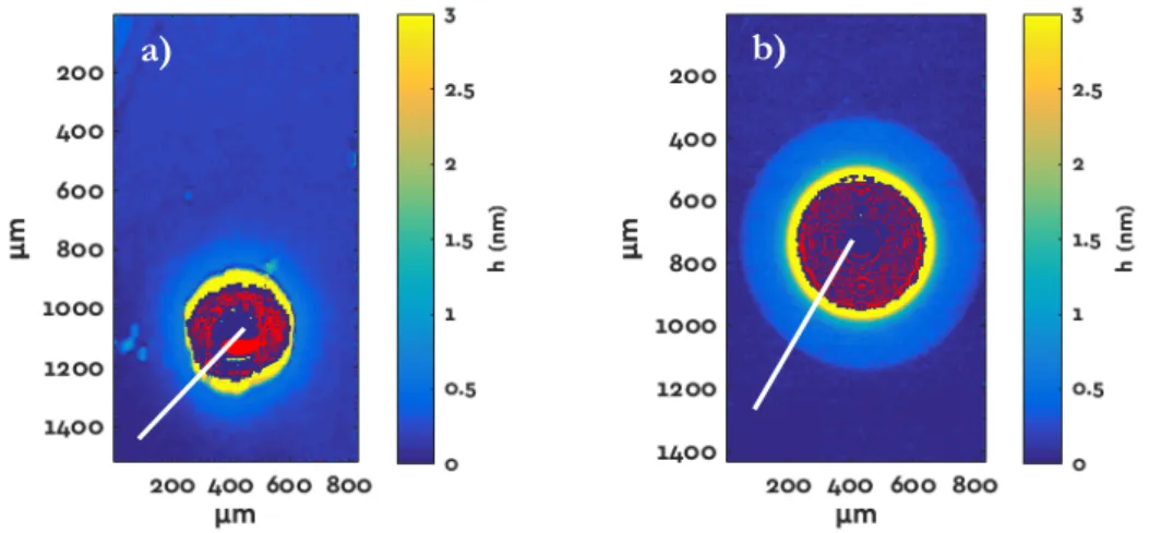 Figure III.3 : Imagerie ellipsométrique de goutte de a) PS (1000 g/mol – RH 11% - SiO 2   4.0 nm - 80°C) 16 heures  après le dépôt