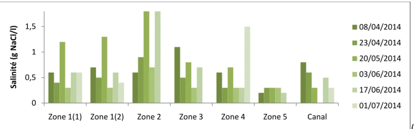 Figure 14:  Variation  du  pH  (a),  de  la  saturation  en  O 2   (b),  et  de  la  salinité  (c)  dans  les  différentes  zones  du  site  (sachant  que  l’exutoire a été ouvert du 29/04 au 26/07)