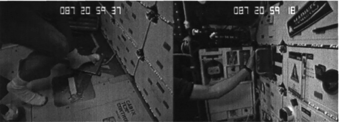 Figure  4.2:  This video footage  from  the  Space  Shuttle  Mission STS-62  shows  the  DLS  foot-restraint  (left image)  and  the  DLS  handhold  (right  image)  used  by  the  astronauts