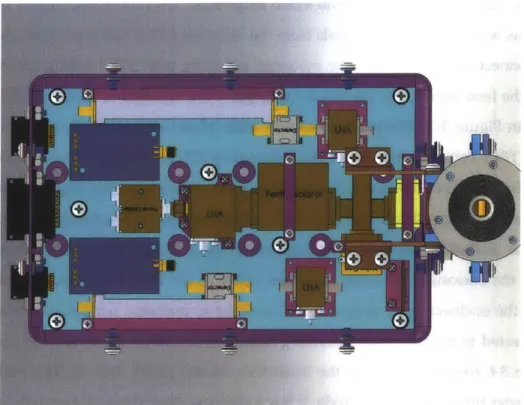 Figure  3-6:  Radiometer  front-end  enclosure,  top  view.  The  feed  horn  is  located  on  the right side  of the  drawing,  and the barrel connectors  are on  the left.[6]