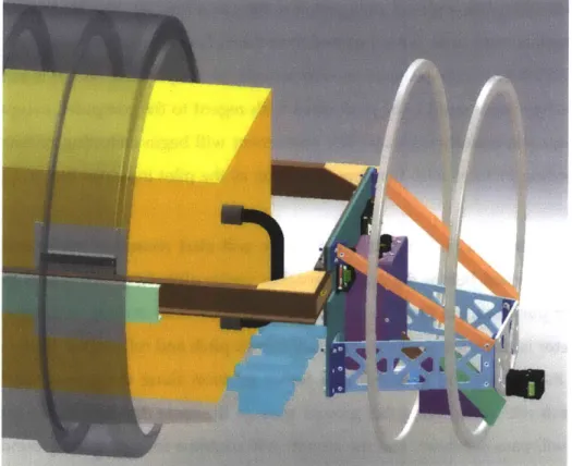 Figure 3-10:  A close view  of NAST-M  and NAST-K  in the aft wing pod of the ER-2.  NAST- NAST-M can be seen in yellow and the smaller  assembly  mounted  off of the brown support rails is  NAST-K
