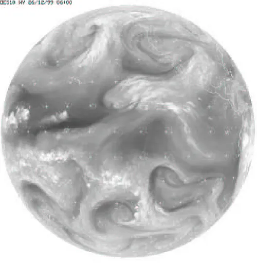 Figure 2: Contenu en vapeur d’eau de l’atmosph`ere vu par satellite (GOES). En blanc, les structures fortement charg´ees en vapeur d’eau