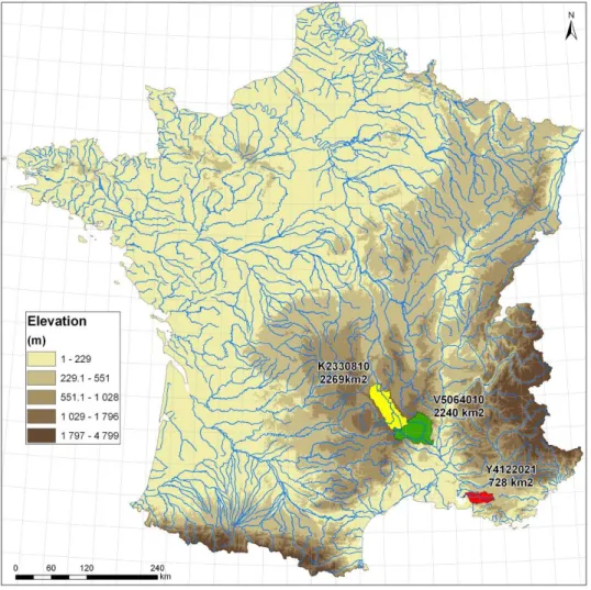 Figure 3: Location of the three study catchments with indication of their codes and surface areas 