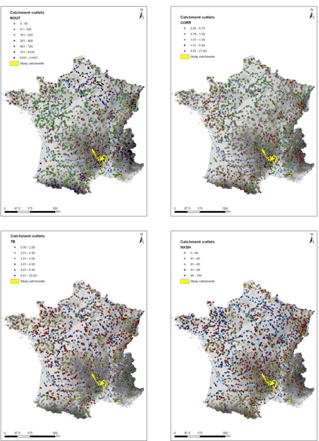 Figure 16: Distribution of GRP model parameters and NASH values in 3070 catchments in France 