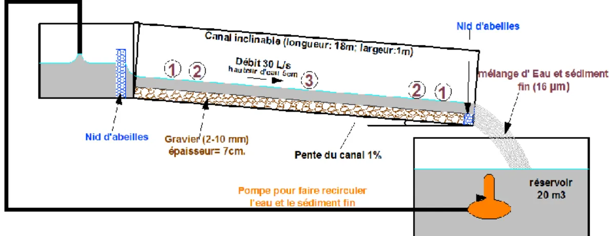 Figure 4: Montage expérimental dans le canal inclinable pour l'étude d'infiltration de sédiment fin dans le lit du gravier  