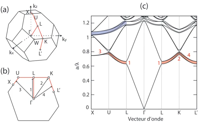 Figure 1.13  (a) Zone de Brillouin de la structure cfc, qui correspond à un polygone tronqué