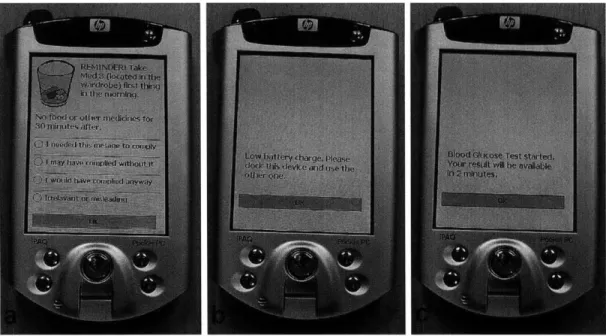 Figure  4-4:  a)  An  example  reminder  b)  A  notification  to  change  the  active  device  c)  A simulated  blood  glucose  test