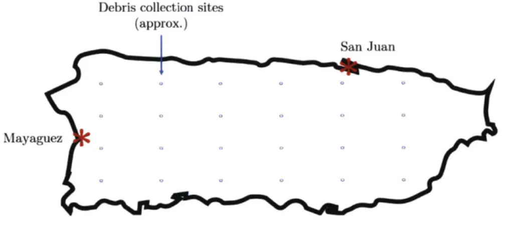 Figure  3-3:  The  model  used  to  evaluate  costs  to  transport  hurricane  debris  from  the vegetative  collection  sites  spread  throughout  the  island  to  the  ports  of San  Juan  and Mayaguez