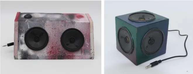 Figure 8: Examples of finished speakers, created as part of Project 2 in the advanced design  curriculum, “design a speaker for a friend.” 