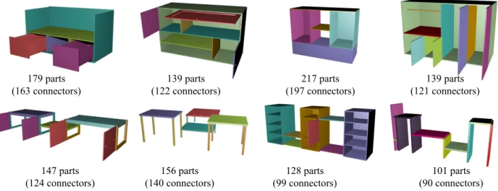 Figure 11: Examples of models designed using our system and the number of individual parts they comprise