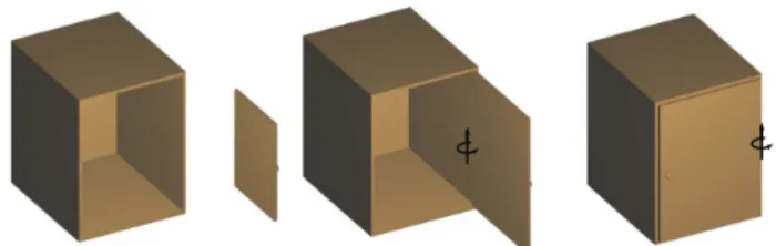 Figure 9: An illustration of snapping for functional objects. When a door is added to the side of a cabinet, it automaticaly rescales so that, when shut, it will align with the oposite side