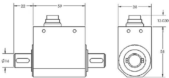 Figure 3.16: Critical dimensions of rotary torque sensor. The critical dimensions for designing a  measurement setup with the FUTEK torque sensor are shown
