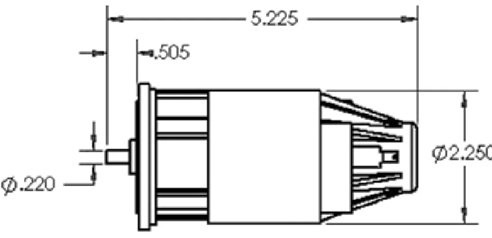 Figure 3.18: Critical dimensions of continuous rotation motor. The critical dimensions for  designing a measurement setup with the DeWalt BP-389010-00 hammerdrill motor are shown