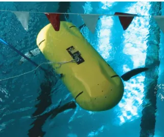 Figure 1-1: Finnegan the RoboTurtle, an MIT-developed biomimetic autonomous undersea vehicle (AUV), navigating in a swimming pool.