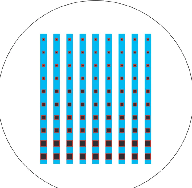 Figure 2-4: Overlay of Round 1 devices (actual size). The wafer is 150 mm in diameter