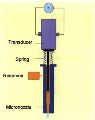 Figure  1-1:  Microjet  device  used  for  nanoliter  injections.  The  transducer  is  a  piezo- piezo-electric  crystal  element