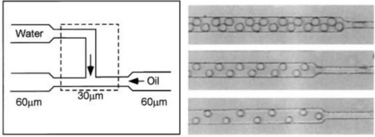 Figure I.11 : Génération de gouttelettes à une jonction T dans un canal microfluidique [I-24]
