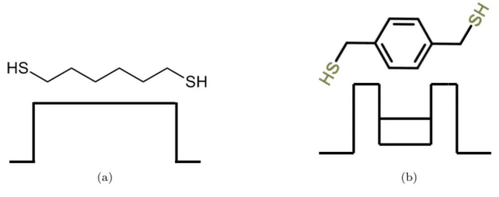 Figure 1.20: Représentation schématique d’une chaîne alcane 1.20(a) et d’un cycle aromatique 1.20(b), et forme de la barrière correspondante attendue.