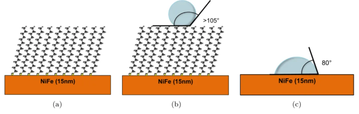 Figure 2.3: 2.3(a) : structure de l’échantillon après greffage : la surface est terminée par des groupements hydrophobes CH 3 