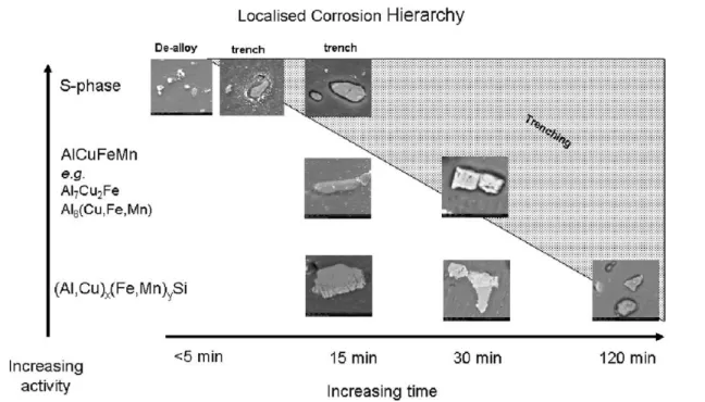 Figure 1.7 – Hiérarchie de la corrosion localisée pour les particules intermétalliques de l’alliage 2024 dans un milieu chloruré [33]