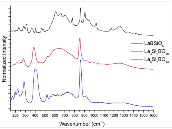 Figure 13. Spectres Raman des différentes phases cristallines du système ternaire La 2 O 3 -SiO 2 -B 2 O 3