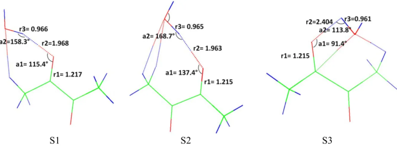 Figure II-6 : Paramètres géométriques (distances en Å) des trois isomères du complexe 1:1 obtenus au  niveau CCSDT-F12/AVDZ 