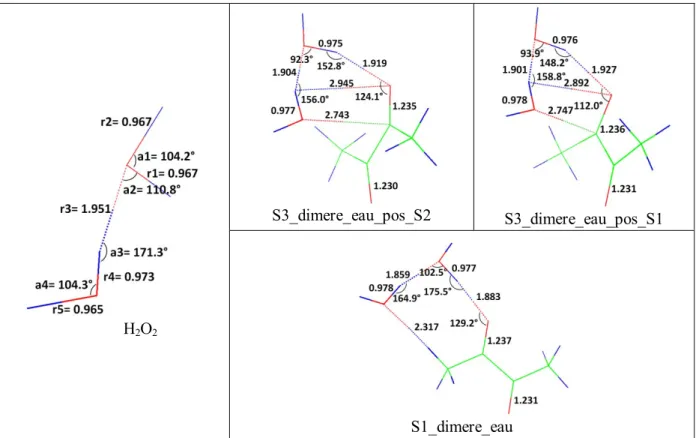 Figure III-4: Paramètres géométriques (angles et distances) du dimère d’eau et des isomères du complexe  1:2 possédant une configuration de type dimère d’eau 