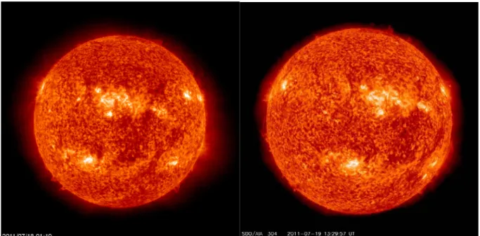 Figure 2. Images du soleil obtenue de la mission SOHO/EIT (gauche) et SDO/AIA (droite)