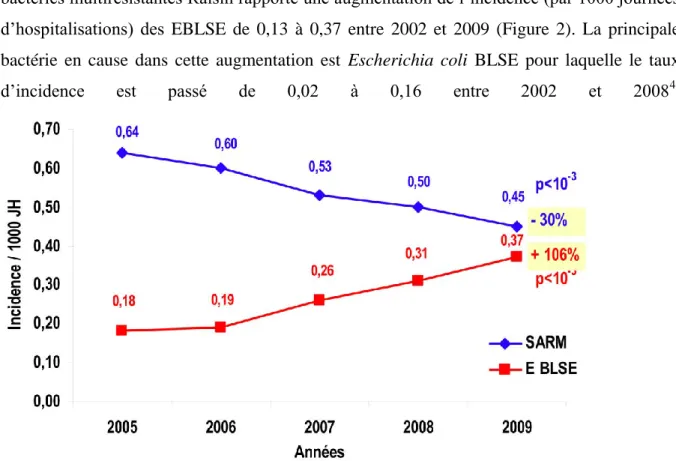 Figure 2 Evolution de l'incidence des entérobactéries BLSE et des SARM, France, 2005 à 20009,  BMR-Raisin9 