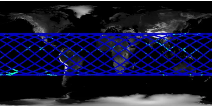 Fig.  1:  Trace  du  radar  de  précipitation  (bleu)  superposée  au  modèle  numérique  de  terrain  ETOPO1  pour  une  journée (1 Juillet 2006)